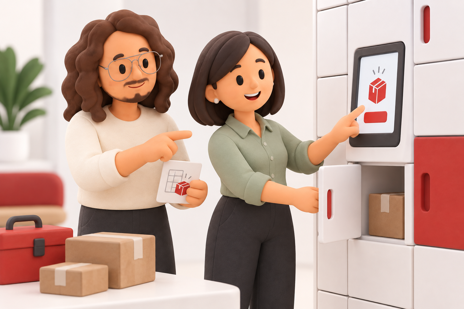 Un utilisateur apprend à utiliser un casier connecté avec un accompagnant, illustration 3D.